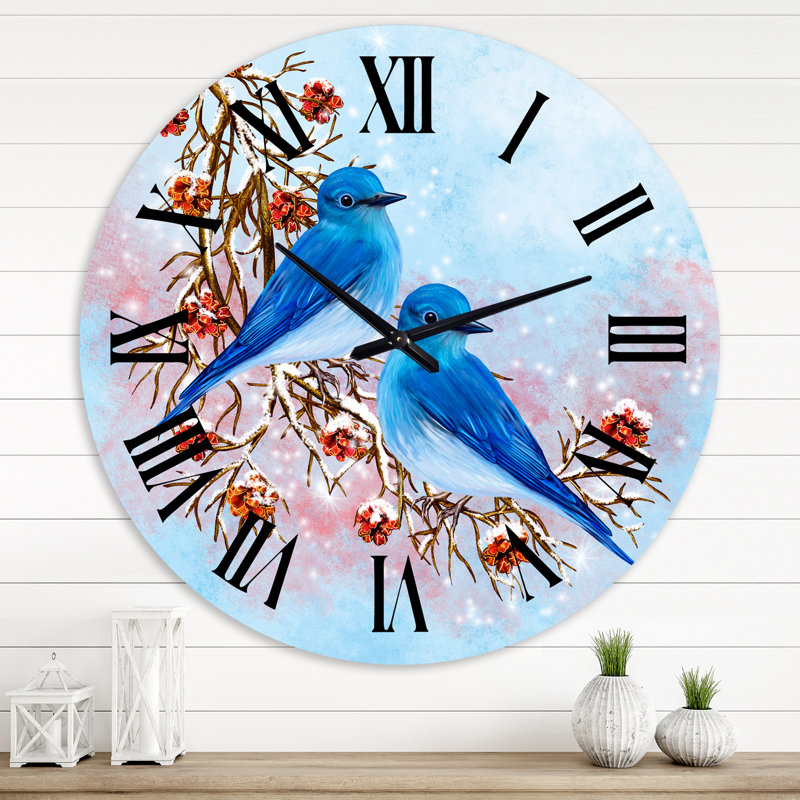 Deux oiseaux bleus assis sur une branche avec des baies - horloge murale traditionnelle, Surdimensionné