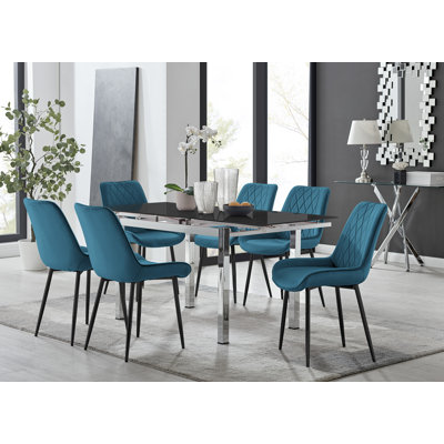 Tierra Modern Glass & Metal Extendable Dining Table Set & 6 Luxury Upholstered Velvet Dining Chairs