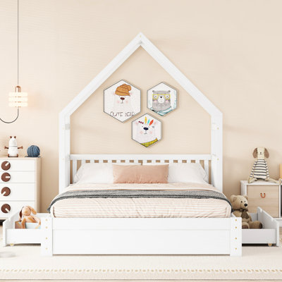 Natural Wood Queen Platform Bed With Guardrail And 2 Drawers Roomy