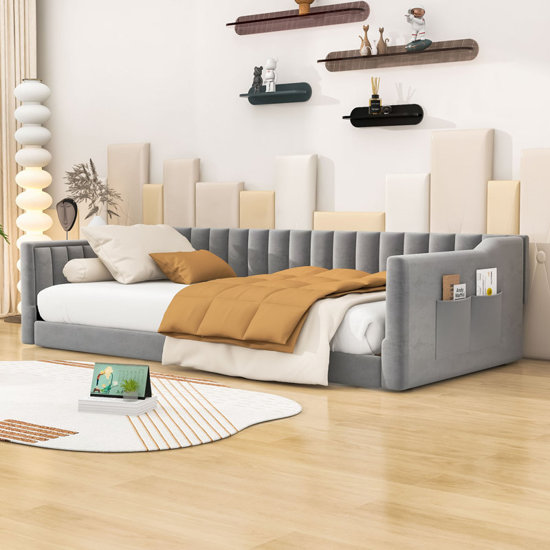Lit de jour en bois avec lattes et poche de rangement, Gris, Simple extra long