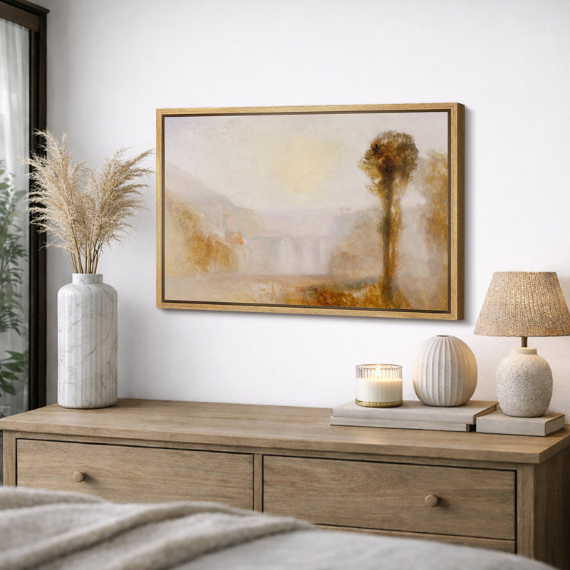 Misty Riverside Landscape avec Lone Tree, H 24 po x l 36 po, Natural Floater Frame