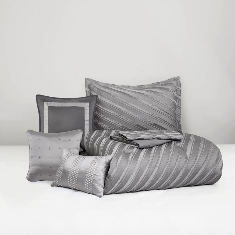 7 Pcs Grey Queen Comforter - Diagonal Pattern, Bedding, , All Season Fill, Safe Use Transitional Modern , Soft And , Comfortable Bedding