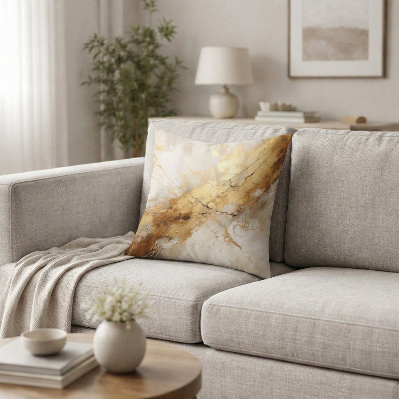 Oreiller beige et or en marbre Lightning I - coussin décoratif à formes abstraites, H 16 po x l 16 po