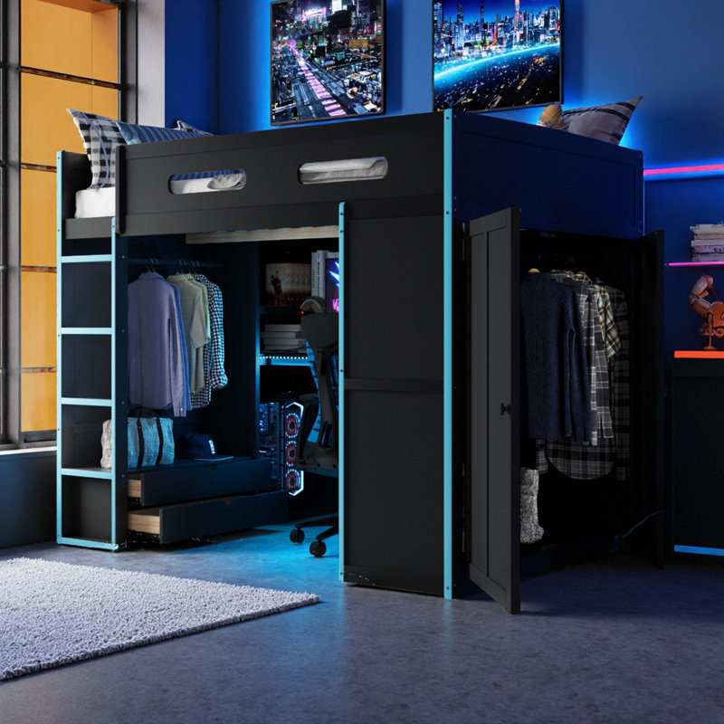 Lit mezzanine double pleine grandeur avec bureau intégré, éclairage RVB, charge USB et grand espace de rangement pour les enfants et les adolescents