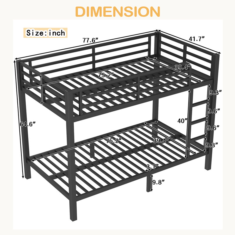 Lit superposé simple au-dessus d'un lit simple en métal pour les adolescents et les adultes, peu encombrant / sans bruit de sommier