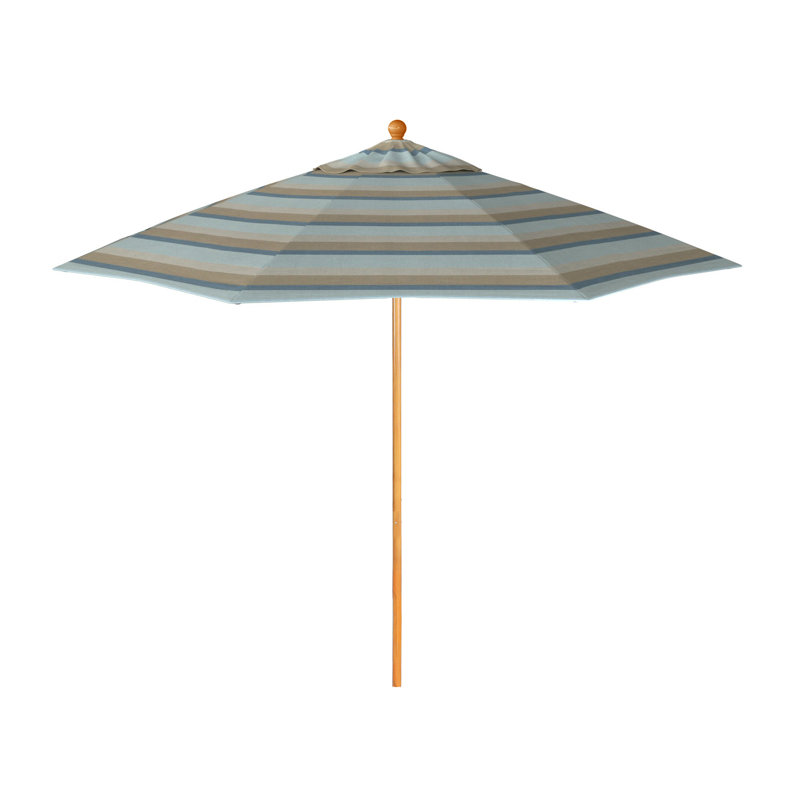 Parasol en bois de teck 9 pi, Gris / rayures bleues