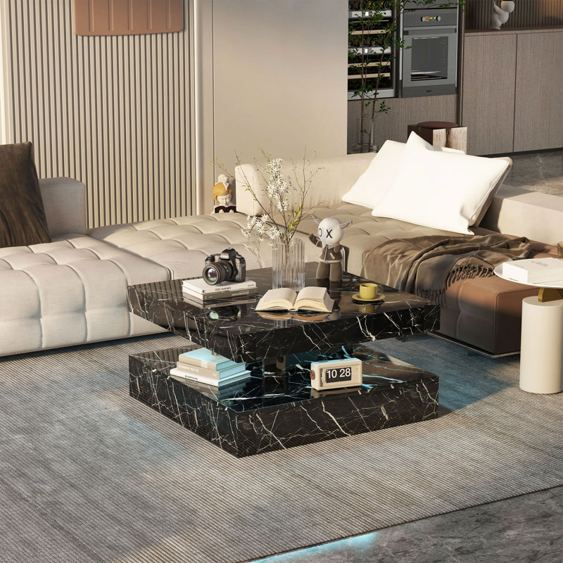 Charvez Solid Coffee Table with 16 Colors LED Lights, 78 x 78 cm, Black Marble, 40cm H x 78cm W x 78cm D