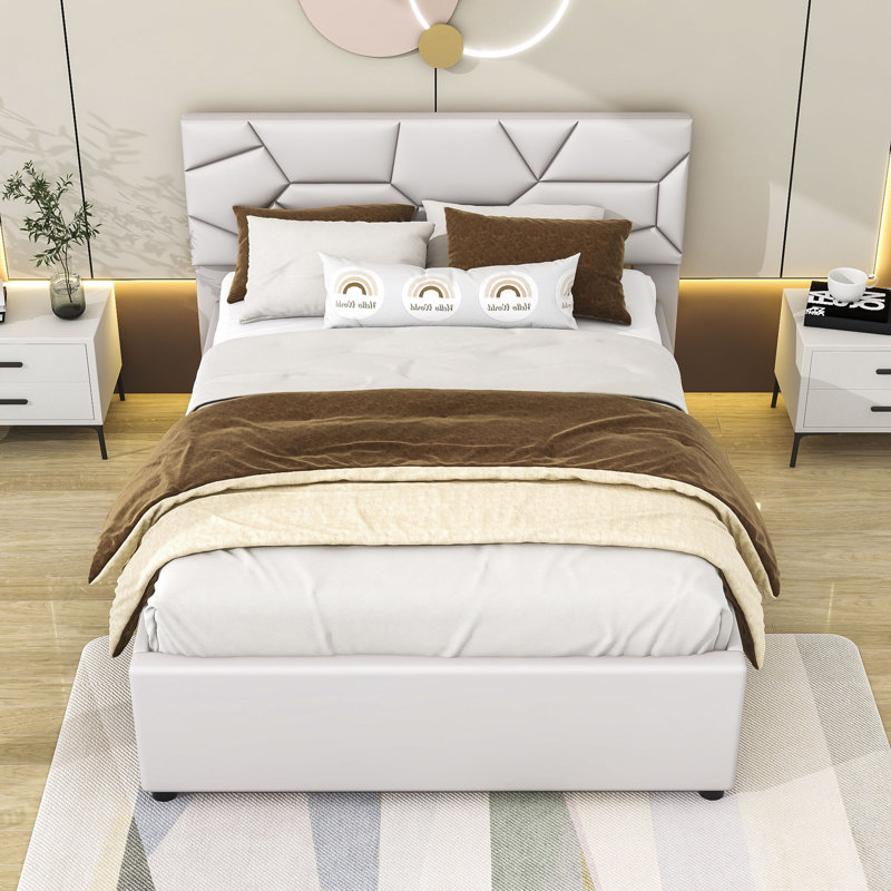 Lit plateforme tapissier avec lit gigogne et tête de lit, Double, Beige