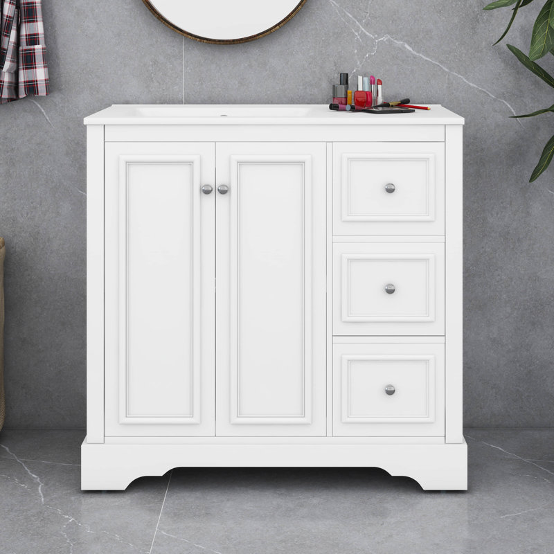 Ensemble de meuble-lavabo autoportant 36 po avec 3 tiroirs et 2 portes avec tablette ajustable en U 36 po, Blanc
