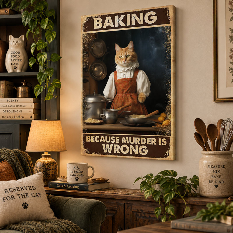 Décoration murale sur toile tendue « Chat en tablier en train de cuisiner parce que le meurtre est mal » - Décoration pour salon, chambre ou bureau