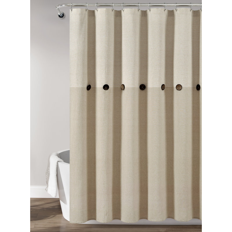 Beige Linen Button Striped Woven Cotton Shower Curtain