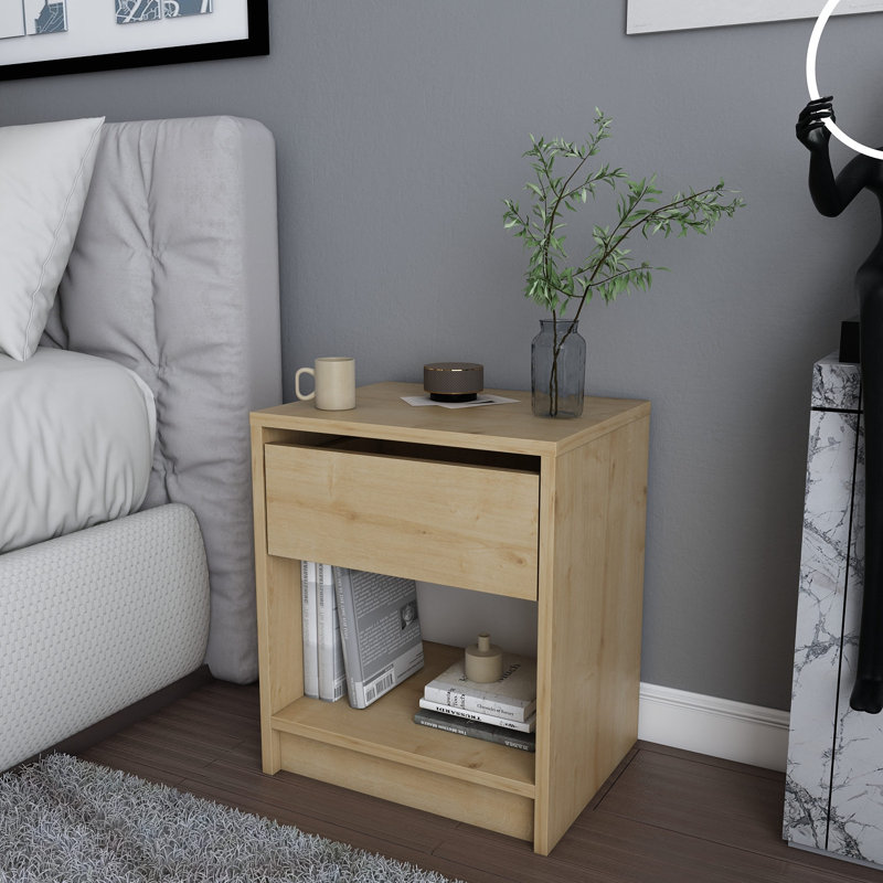 Table de chevet moderne en chêne, 17,6 po x 14,1 po x 20,8 po | 100% panneau de particules enduit de mélamine, épaisseur: 0,7 pouce | Design scandinave, couleur beige uni | Idéal pour la chambre à coucher et le salon, solution de rangement élégante et fonctionnelle