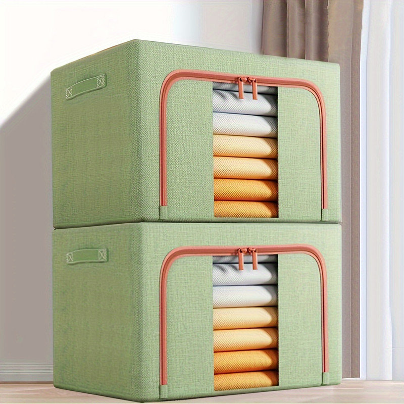 Boîte de rangement à cadre en acier, boîte de rangement en tissu pour boîte de rangement pour courtepointe, très grand sac de rangement en tissu pour garde-robe pliable avec fenêtre transparente, fermetures à glissière robustes