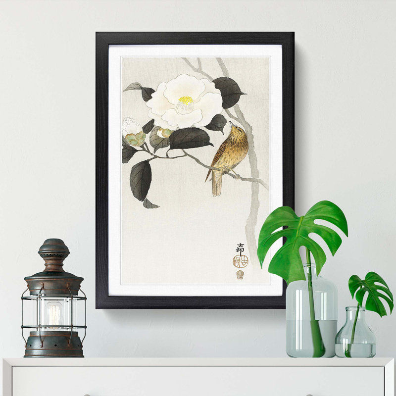 Songbird & Flowering Camellia by Ohara Koson - Picture Frame Painting Print, Black Framed, 36cm H x 27cm W x 2cm D