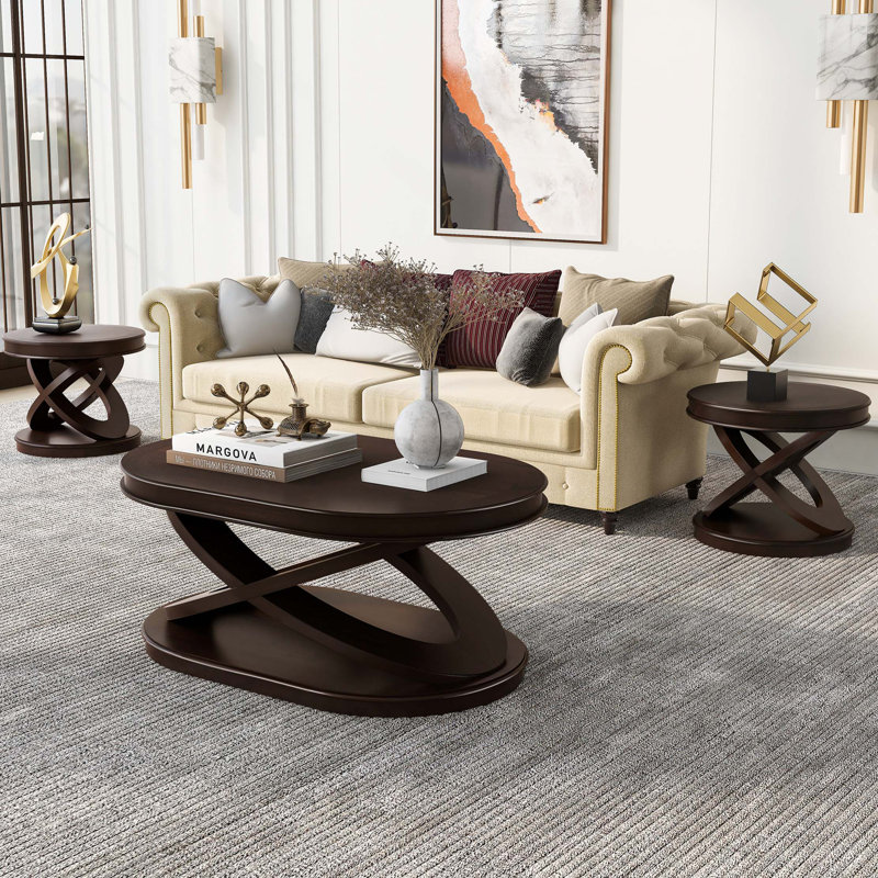 Retro Coffee Table Sets 3 Pieces, Living Room Table Set Include 44" Oval Coffee Table, Round End Table Set Of 2, Espresso