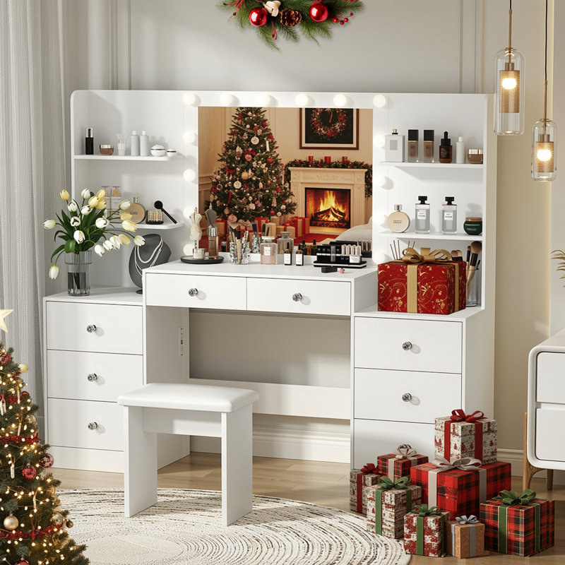 Grand meuble-lavabo Greyden Zeibak avec 8 tiroirs, 14 ampoules lumineuses et un espace de rangement spacieux, Blanc