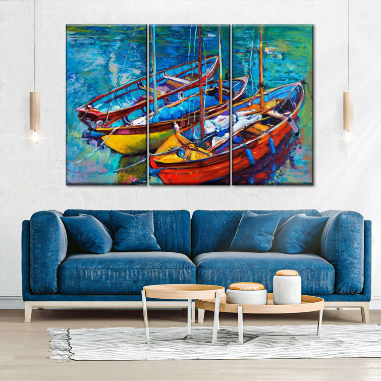 Breakwater Bay Three Moored Boats Wall Art On Canvas 3 Pieces Set