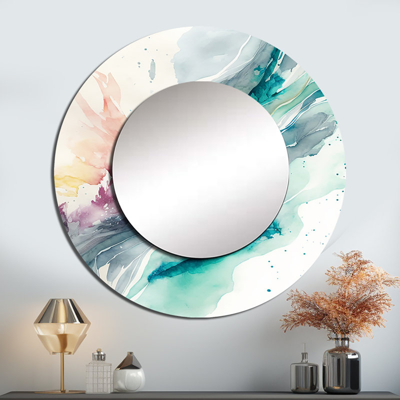 Ryoma Celebrations In Turquoise Shades Of Blue III - grand miroir à encre liquide, décor de miroir mural rond unique moderne, impression d'art en métal