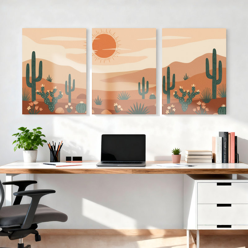 «Desert Cactus Landscape», ensemble de 3 reproductions d'art sur toile tendues, H 24 po x l 48 po