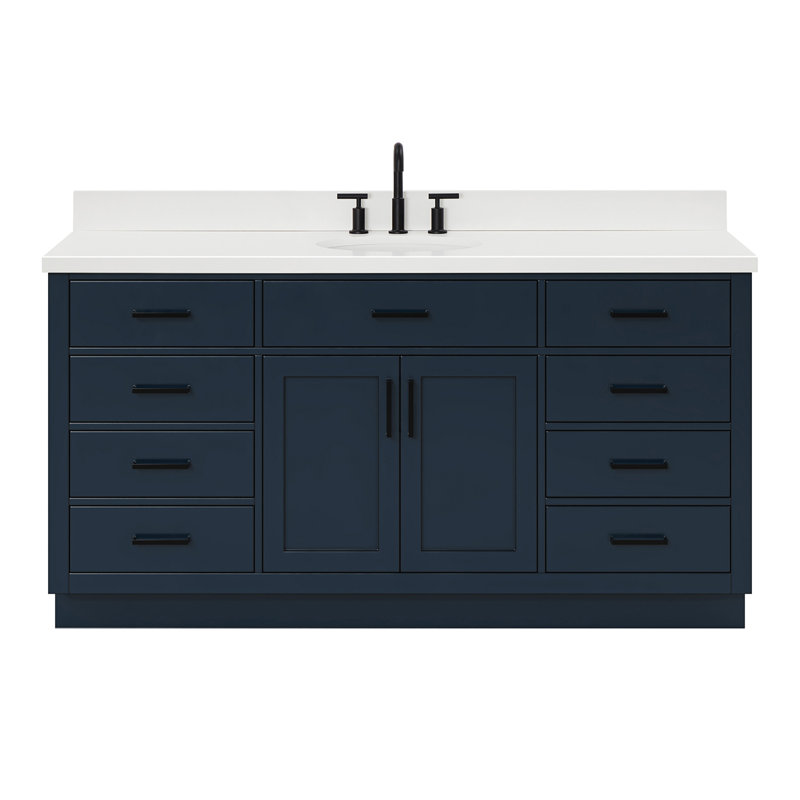 Thornaby 66'' Solid Wood Single Bathroom Vanity with 1.5'' White Quartz Top, Midnight Blue, Oval