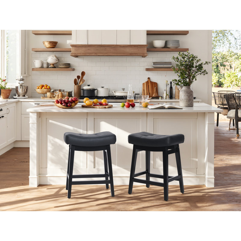 Tabouret de bar 24 po en bois massif noir idéal pour îlot de cuisine et comptoir, PU Black Seat / Black Frame