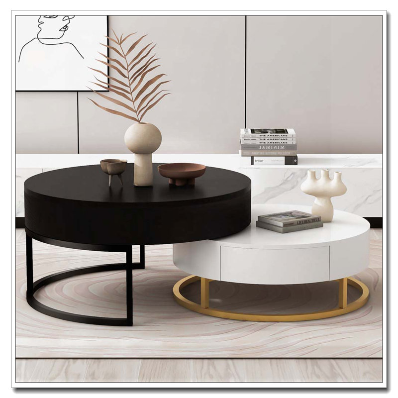 Tables basses gigognes rondes avec 2 tiroirs, Blanc/Noir