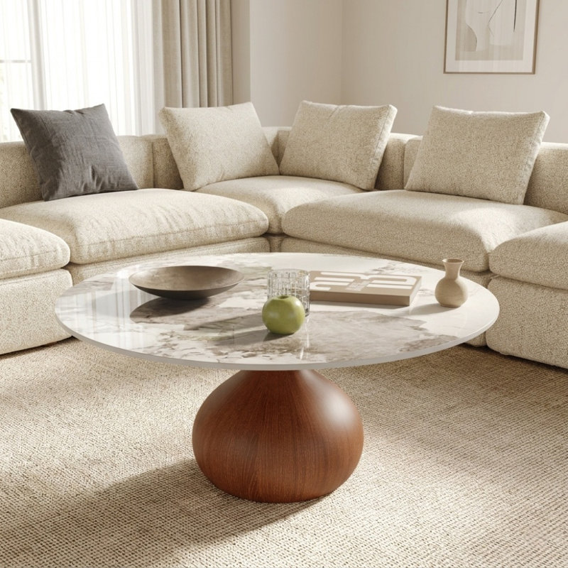 Table basse Jackline Living Mid-Century, Brun sable brillant, H 18,23 po x L 41,73 po x l 41,73 po, Fausse pierre de marbre