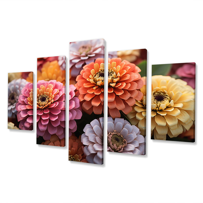«Colorful Zinnias Field Vibrant», impression d'art mural floral - 5 panneaux