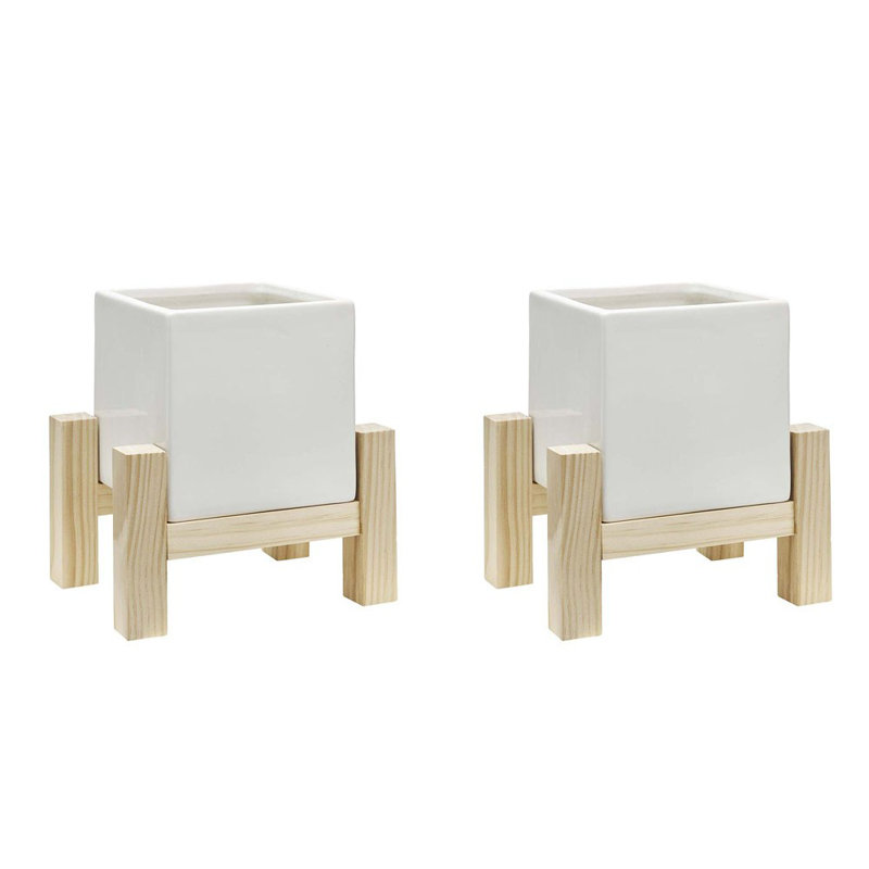 Ceramic Indoor Planter With Wood Stand