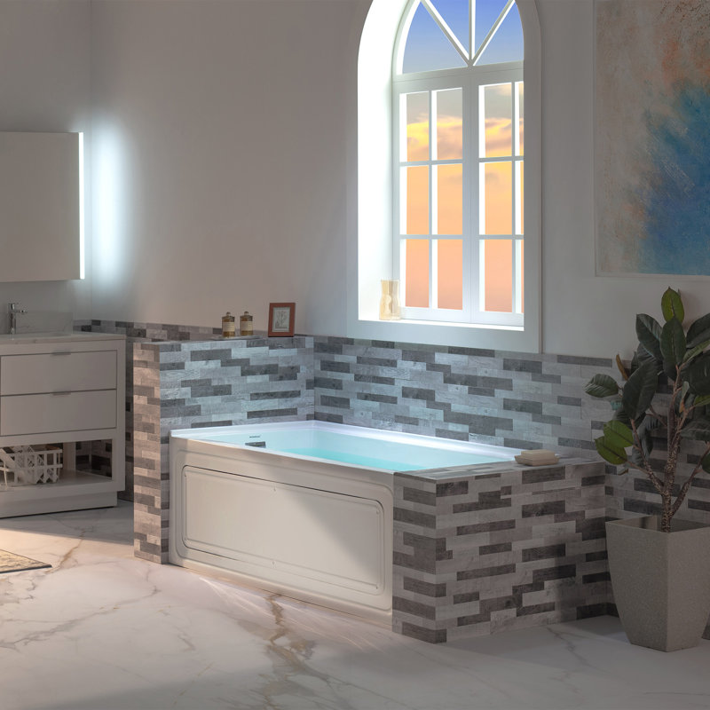 60" X 32" Alcove Acrylic Rectangular Whirlpool Heated Jetted Tub With Drain & Overflow, Chrome, Left