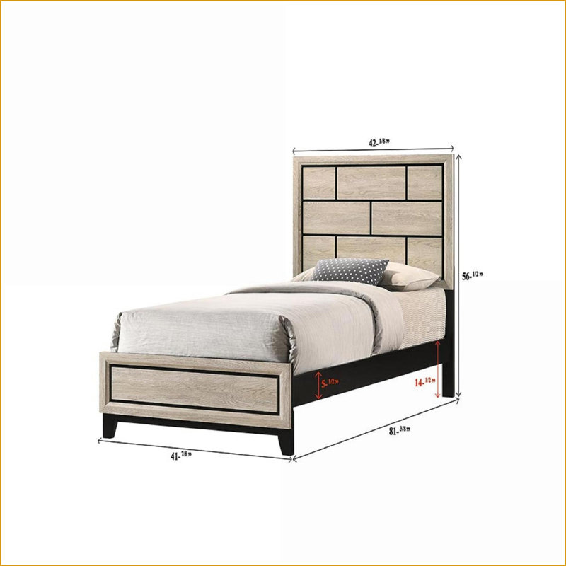 Structure de lit simple en bois à profil bas avec tête de lit géométrique - Finition grise pour chambre d'enfant, Brun / Gris