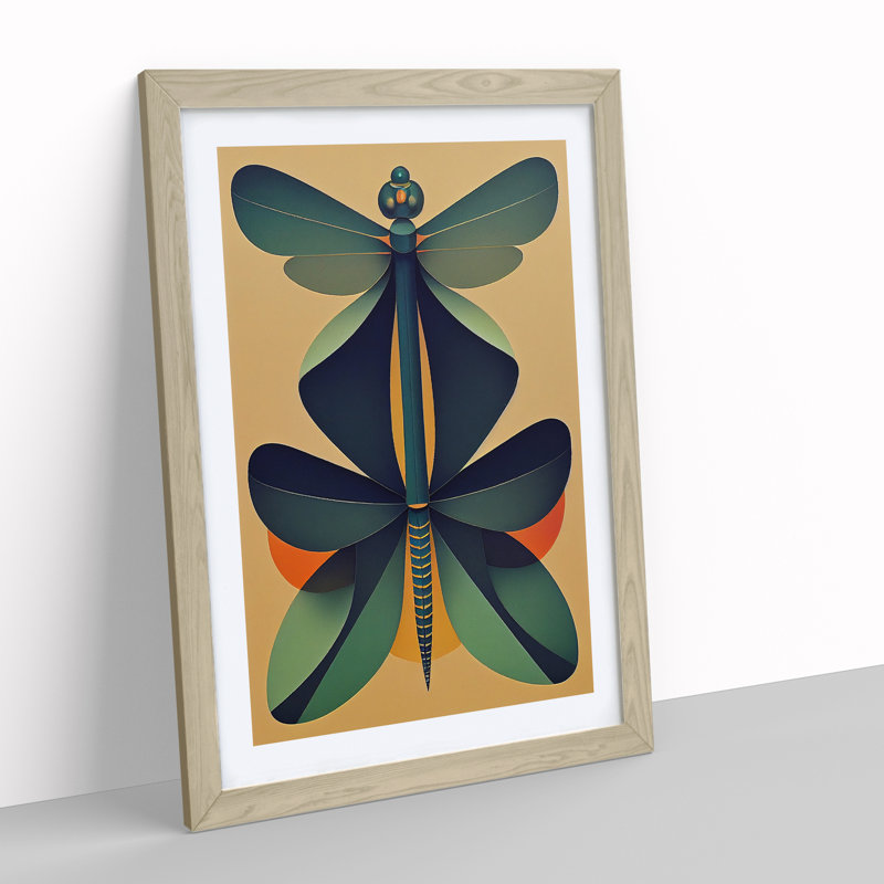 Dragonfly Retro Art - Framed Print, 64cm H x 46cm W x 2cm D, Oak