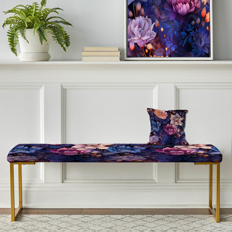 Celestial Blue Peonies Stellar Pure - Floral Upholstered Gold Bench