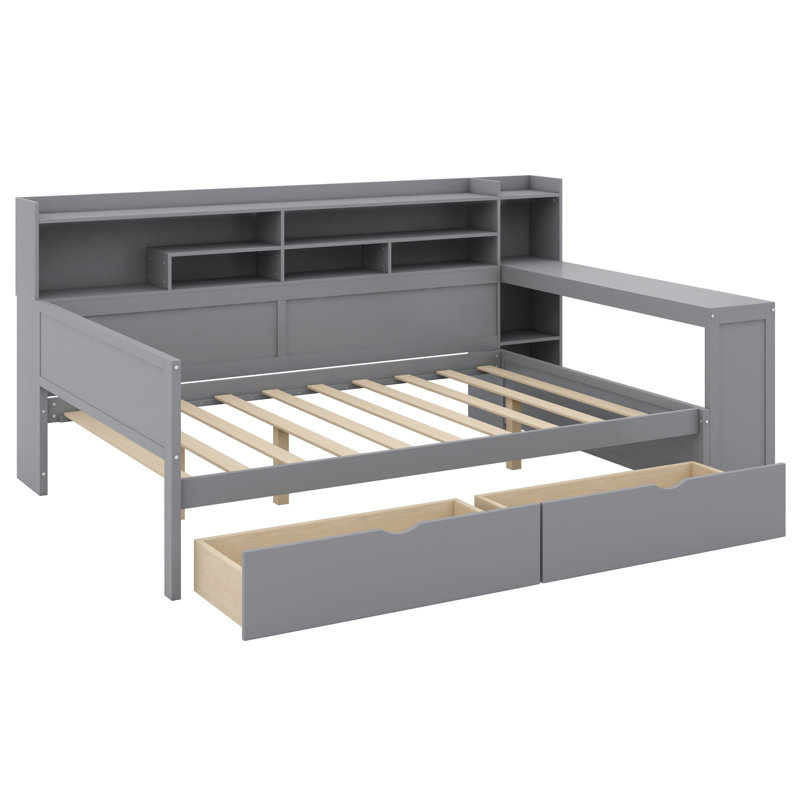 Wooden Daybed With Storage Shelves, Multi-Functional Bed With Two Storage Drawers And Study Desk, Gray