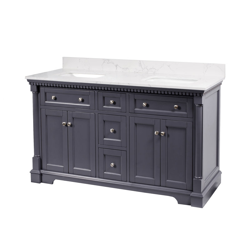 Fossen 60" Double Bathroom Vanity Set with Marine Gray Cabinet and Engineered Marble Countertop, Marine Gray