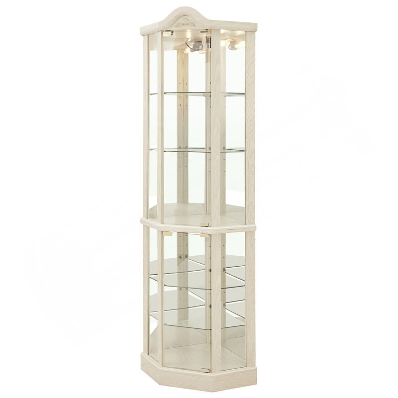 Lighted Glass Corner Display Cabinet With Adjustable Shelves And Built-In LED Lighting For Elegant Home Showcase., White