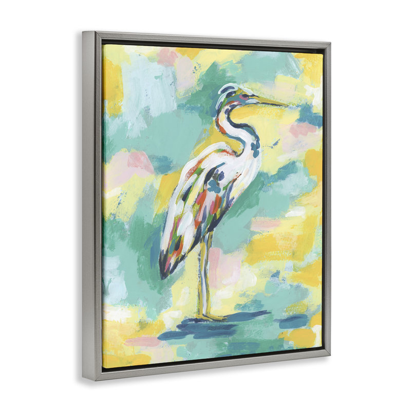 «Blue & Yellow Heron Bird», art mural encadré flottant par Ethan Harper, Cadre flottant gris lustré, H 21 po x l 17 po