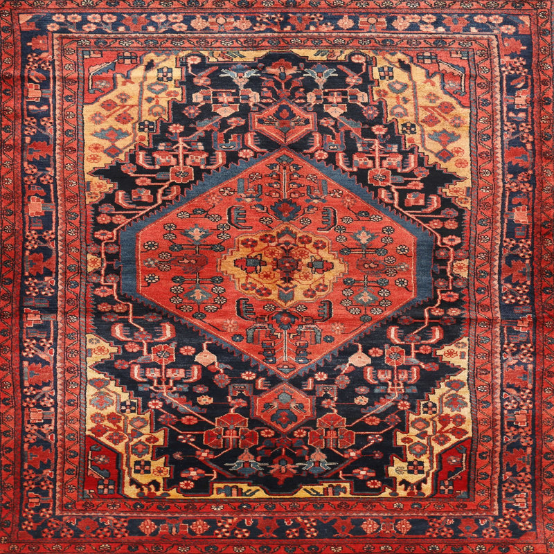 Tapis oriental rouge et bleu, Carré 6 pi