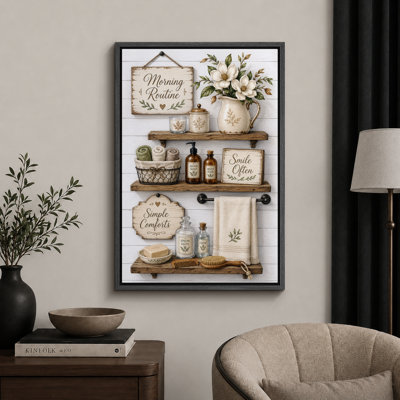 Morning Routine Bath Shelf Florals Artwork, Bathroom Pictures, Framed Canvas Giclee Print Wall Art