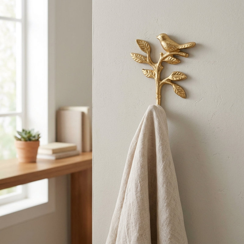 Crochet mural Mythra Bird sur une branche, en fonte dorée