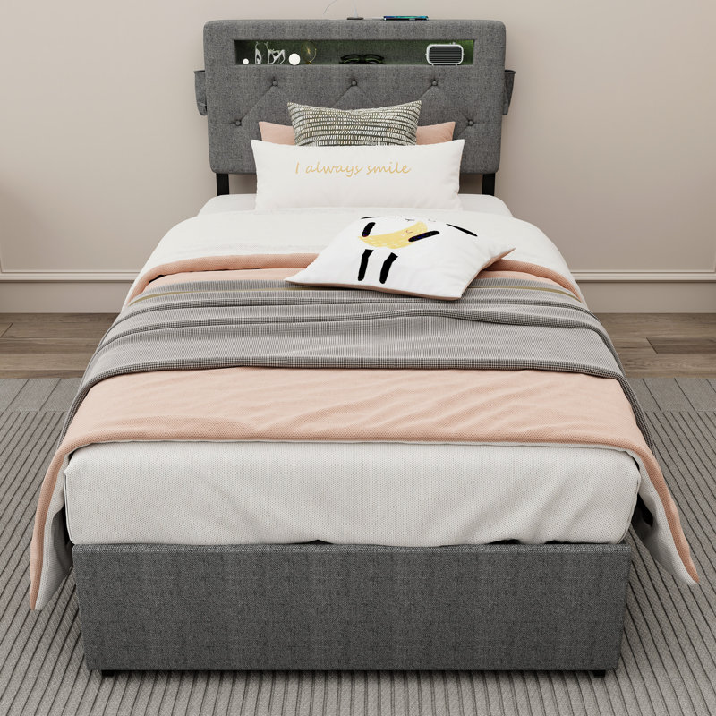 Cadre de lit simple contemporain, charge, éclairage à DEL, tiroirs de rangement, avec support de matelas pour magazines 10 - 12 pouces