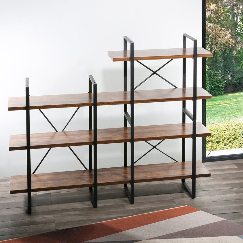 Adjustable Brown 3-Tier Etagere Bookcase with Metal Frame