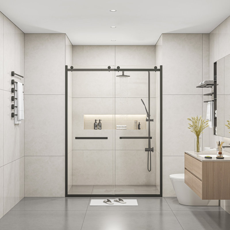 Portes de douche coulissantes en verre sans cadre de 60 po de largeur x 76 po de hauteur avec verre trempé transparent de 3/8 po (10 mm)