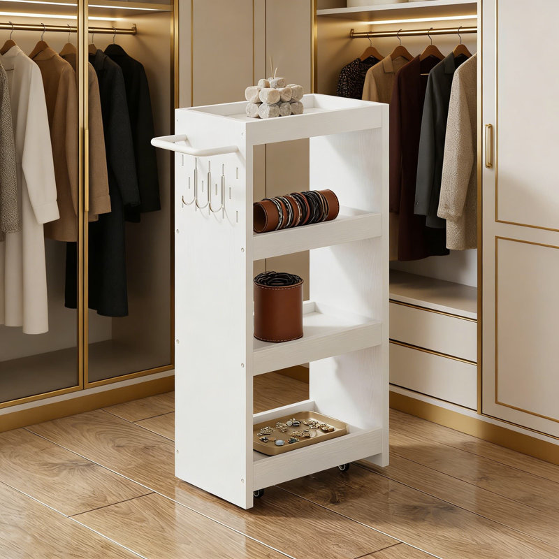 Chariot de rangement roulant à 4 niveaux avec roulettes verrouillables et crochets - Organisateur mobile peu encombrant pour la cuisine, la salle de bain et les petits espaces
