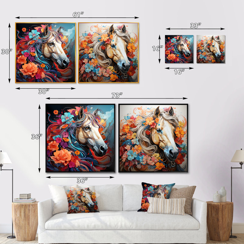 Popart Horse Portait - Ensemble de 2 animaux carrés, Cadre flottant brun, H 16 po x l 33 po