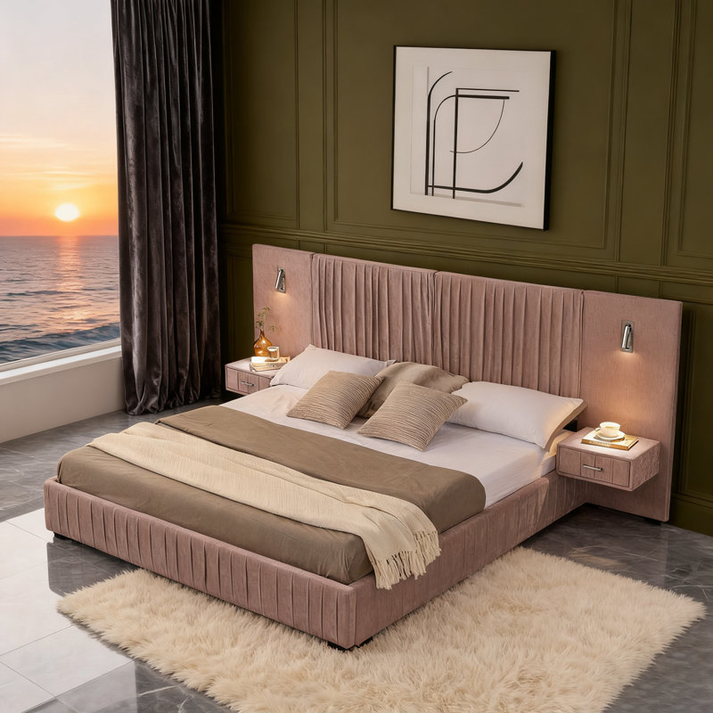 Chenille Upholstered Bed Frame With Pleated Design, Grounded Platform, Headboard, Solid Frame, And Bedside Table, No Box Spring Needed