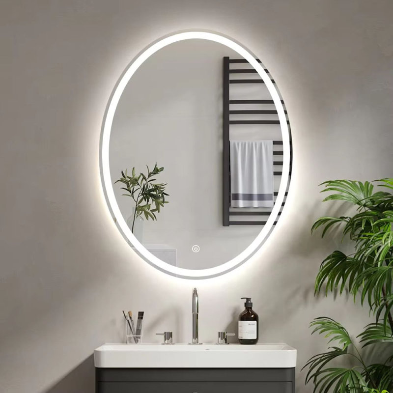 Miroir de salle de bain moderne ovale à DEL avec éclairage 3 couleurs à intensité variable Mg