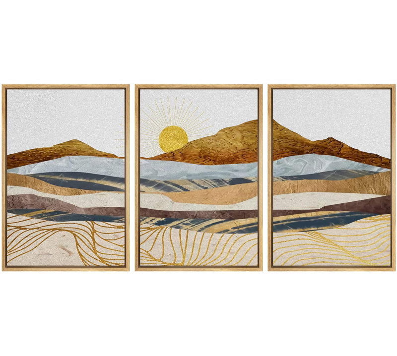 Vague dorée géométrique, chaîne de montagnes, nature, art moderne, paysage zen sur toile, impression de 3 pièces