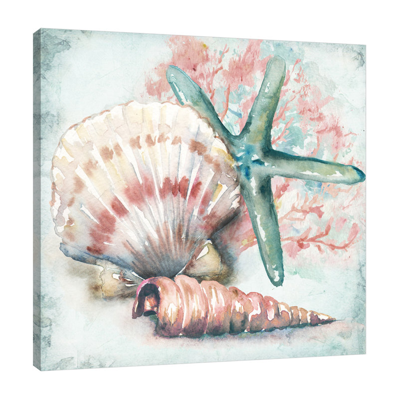 « sea coquillages iv », reproduction de peinture à l’aquarelle sur toile tendue, H 12 po x l 12 po