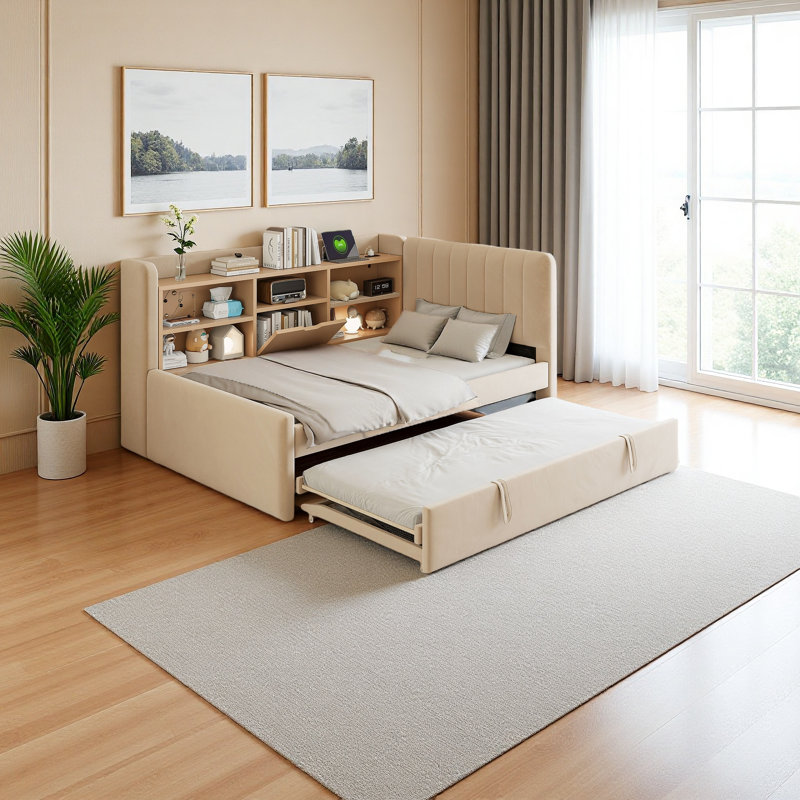 Twin Size Upholstered Daybed With Trundle, Storage Shelves, USB & Outlet, Beige